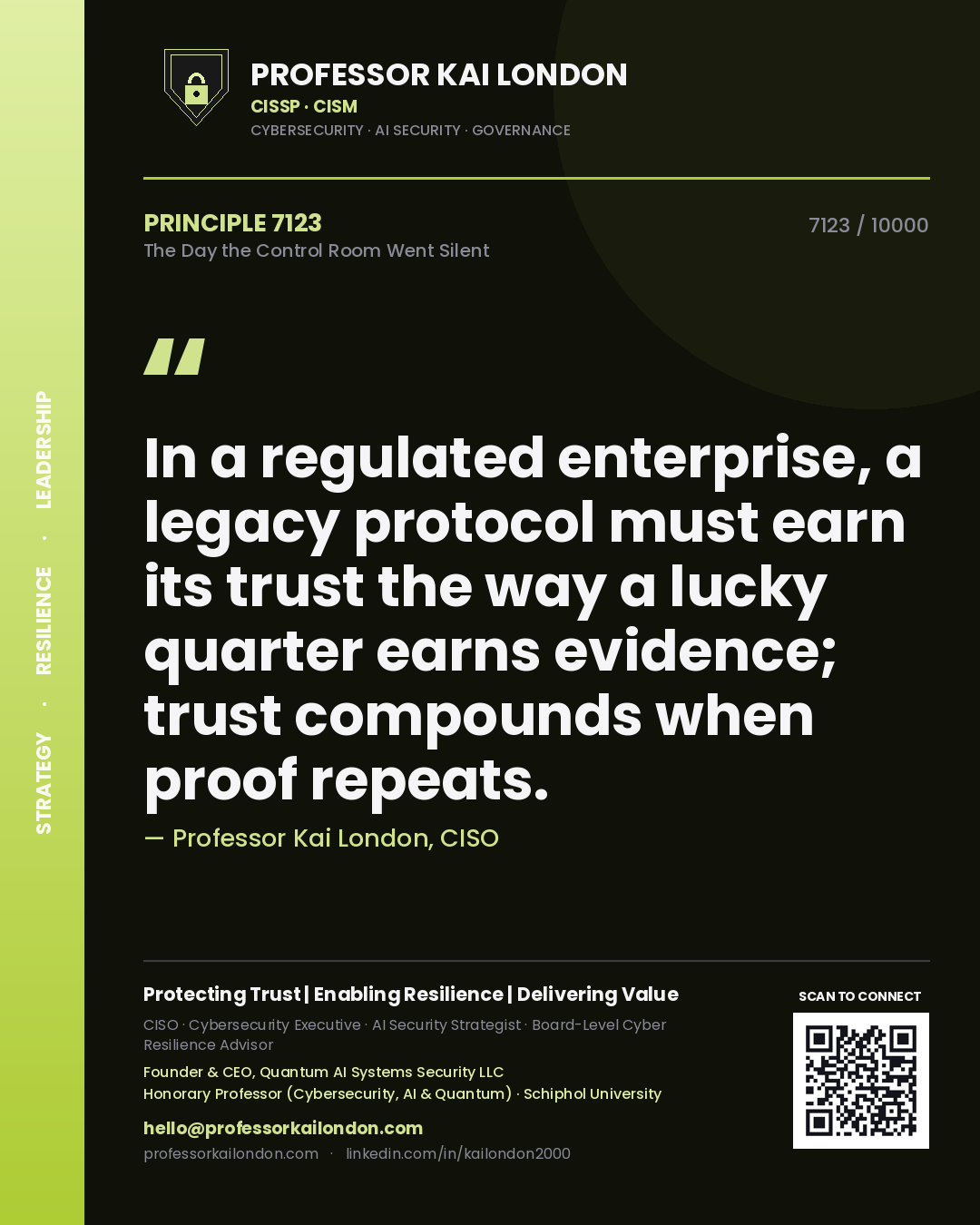 Professor Kai London principle 7123: In a regulated enterprise, a legacy protocol must earn its trust the way a lucky quarter earns evidence; trust compounds when proof repeats.