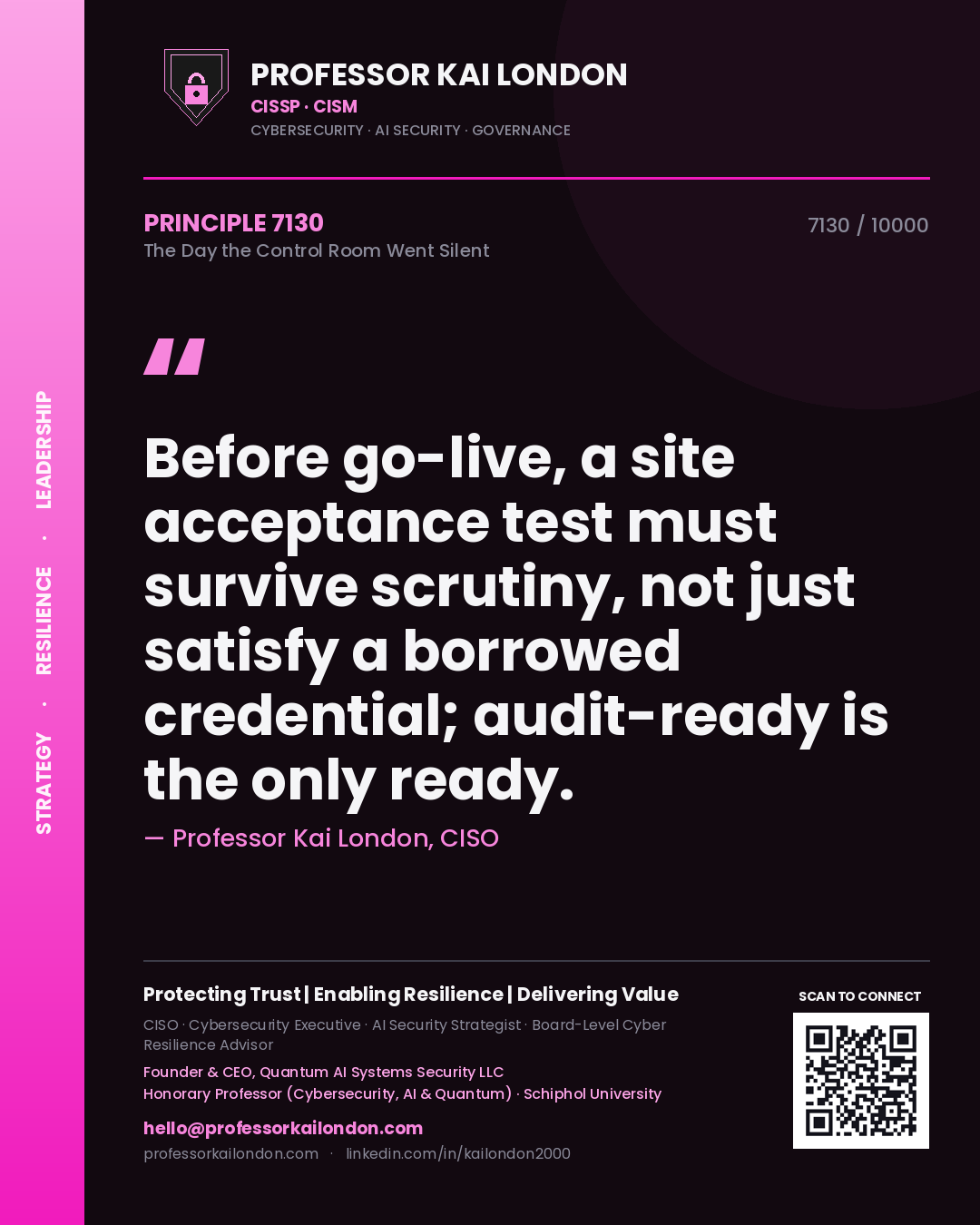 Professor Kai London principle 7130: Before go-live, a site acceptance test must survive scrutiny, not just satisfy a borrowed credential; audit-ready is the only ready.