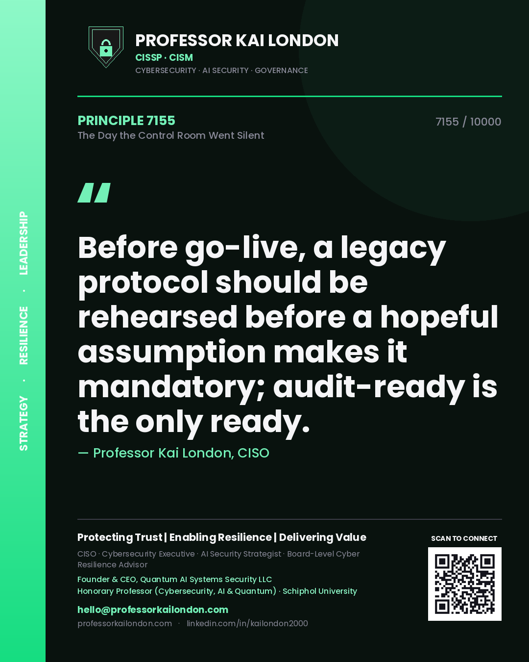 Professor Kai London principle 7155: Before go-live, a legacy protocol should be rehearsed before a hopeful assumption makes it mandatory; audit-ready is the only ready.