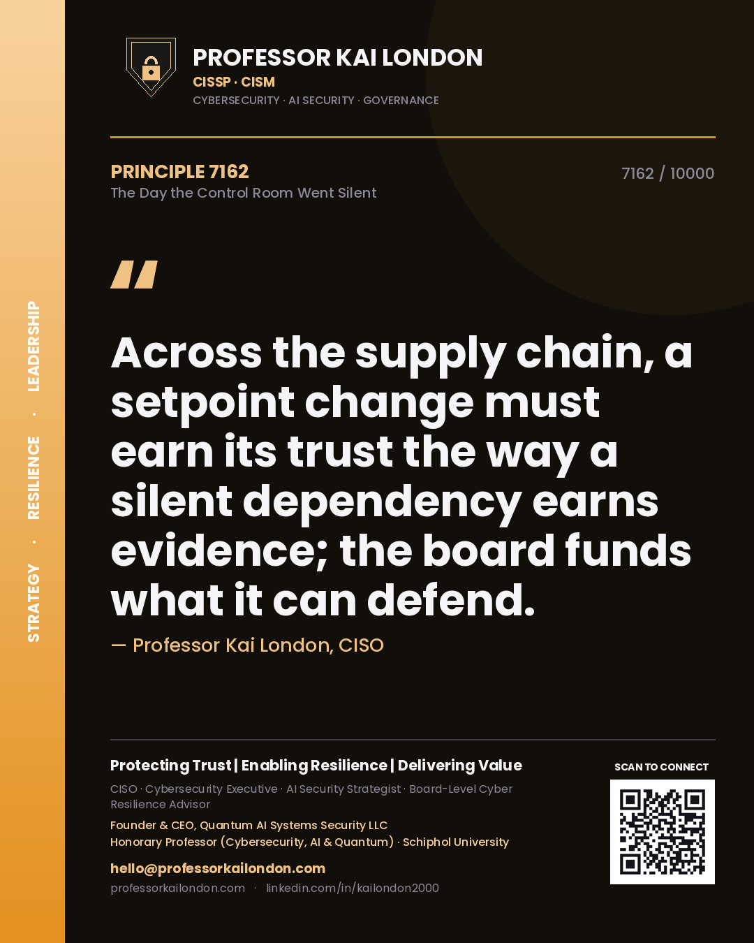 Professor Kai London principle 7162: Across the supply chain, a setpoint change must earn its trust the way a silent dependency earns evidence; the board funds what it can defend.