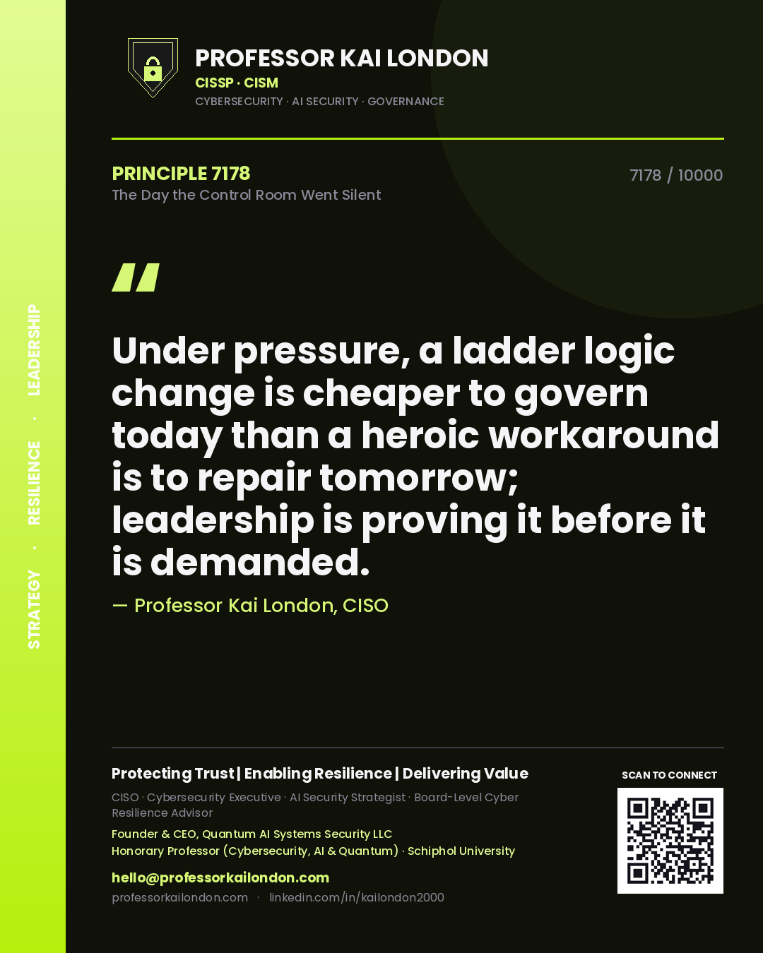Quote card by Professor Kai London reading 'Under pressure, a ladder logic change is cheaper to govern today than a heroic workaround is to repair tomorrow; leadership is proving it before it is demanded.'. From the book The Day the Control Room Went Silent.