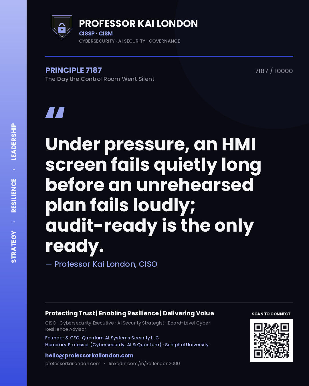 Quote card by Professor Kai London reading 'Under pressure, an HMI screen fails quietly long before an unrehearsed plan fails loudly; audit-ready is the only ready.'. From the book The Day the Control Room Went Silent.