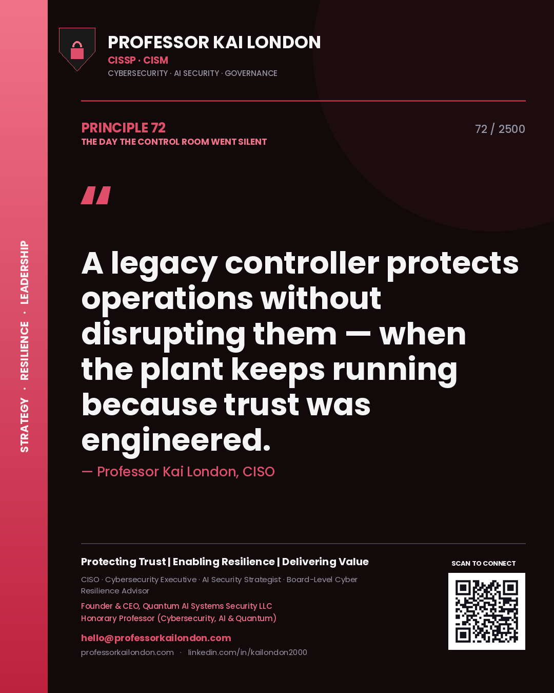 Quote card by Professor Kai London reading 'A legacy controller protects operations without disrupting them — when the plant keeps running because trust was engineered.'. From the book The Day the Control Room Went Silent.