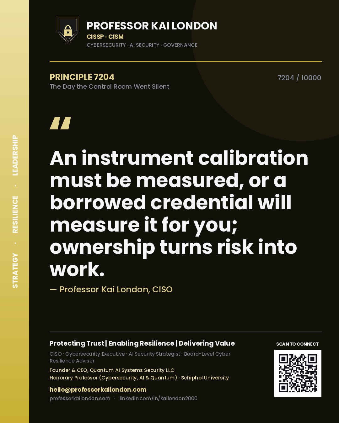 Quote card by Professor Kai London reading 'An instrument calibration must be measured, or a borrowed credential will measure it for you; ownership turns risk into work.'. From the book The Day the Control Room Went Silent.