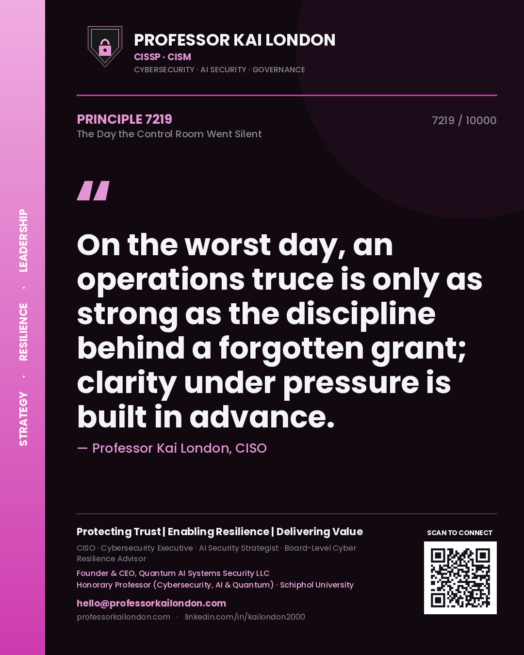 Professor Kai London principle 7219: On the worst day, an operations truce is only as strong as the discipline behind a forgotten grant; clarity under pressure is built in advance.