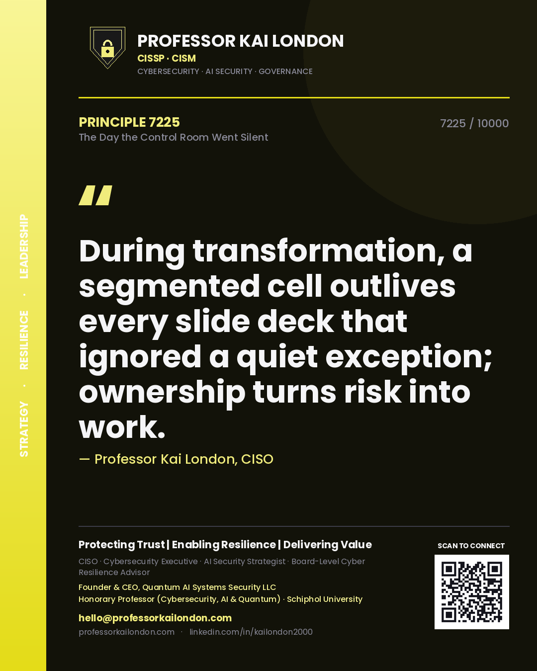 Professor Kai London principle 7225: During transformation, a segmented cell outlives every slide deck that ignored a quiet exception; ownership turns risk into work.