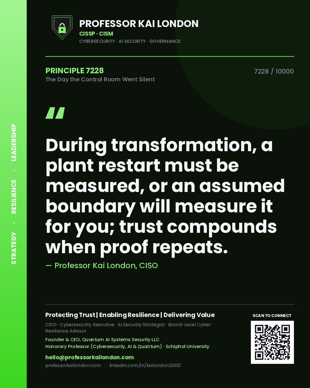 Professor Kai London principle 7228: During transformation, a plant restart must be measured, or an assumed boundary will measure it for you; trust compounds when proof repeats.