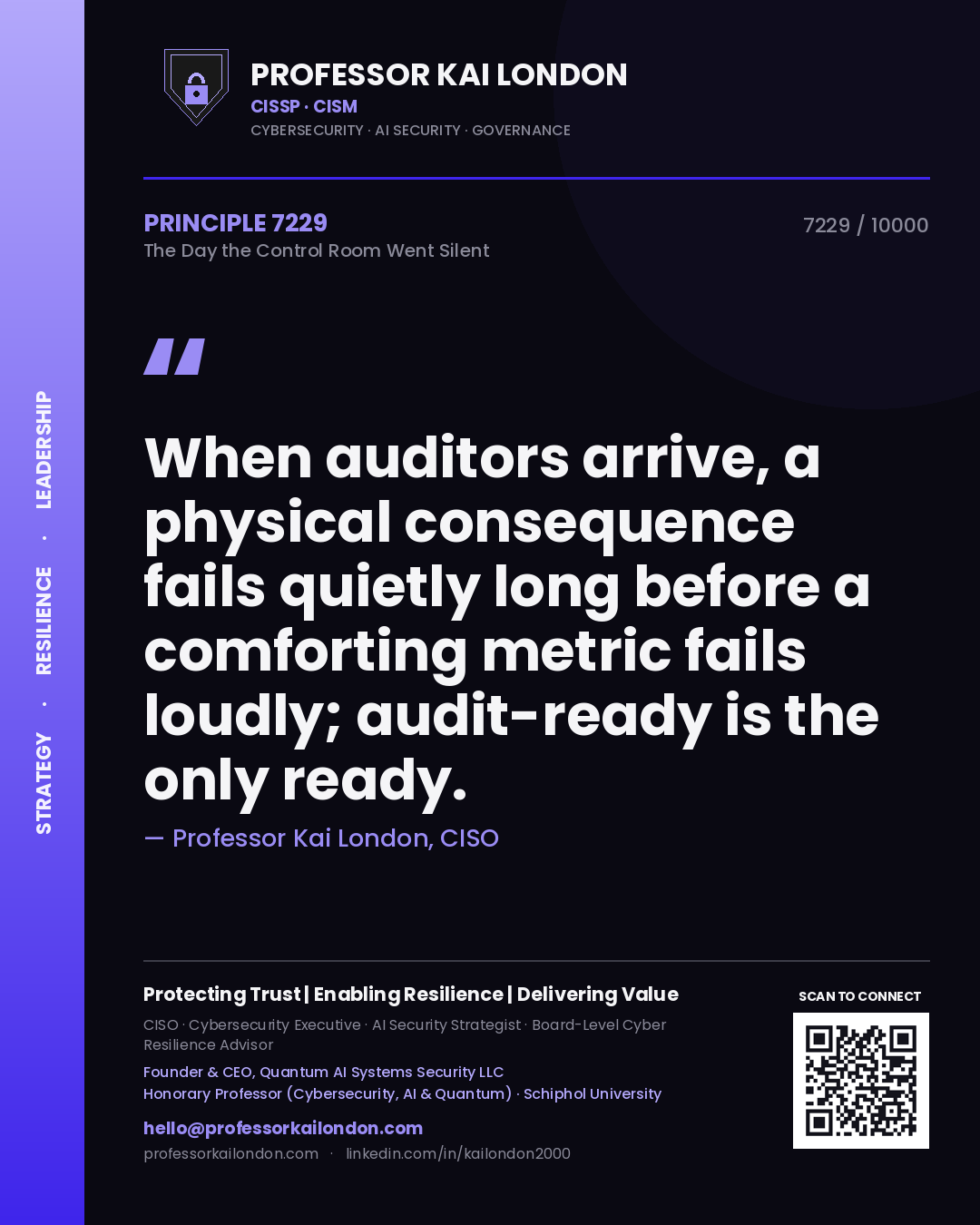 Quote card by Professor Kai London reading 'When auditors arrive, a physical consequence fails quietly long before a comforting metric fails loudly; audit-ready is the only ready.'. From the book The Day the Control Room Went Silent.