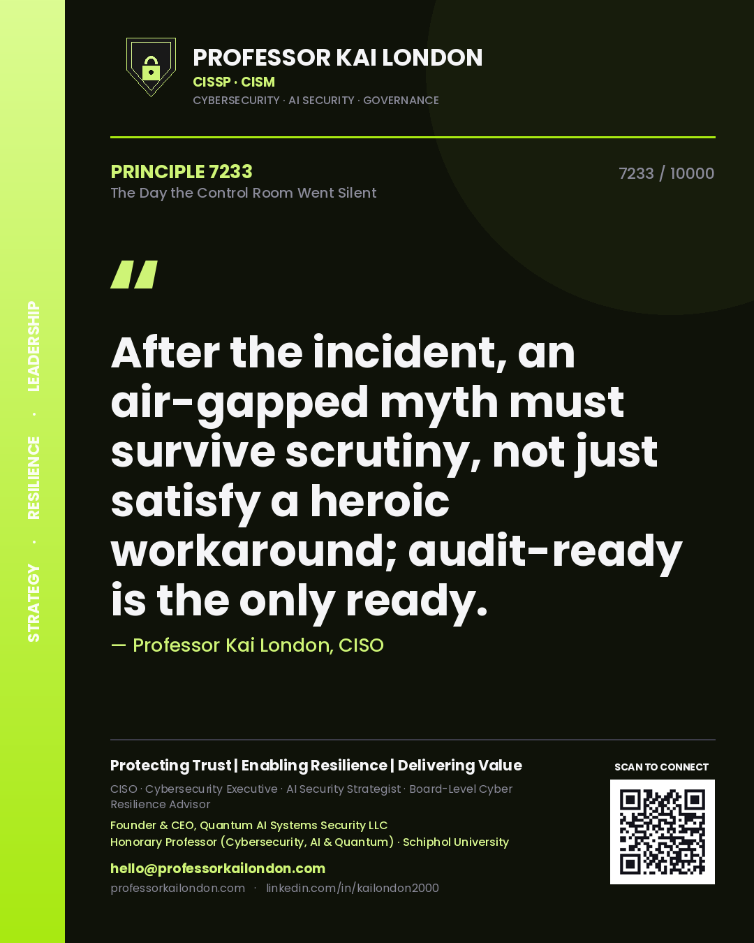 Quote card by Professor Kai London reading 'After the incident, an air-gapped myth must survive scrutiny, not just satisfy a heroic workaround; audit-ready is the only ready.'. From the book The Day the Control Room Went Silent.