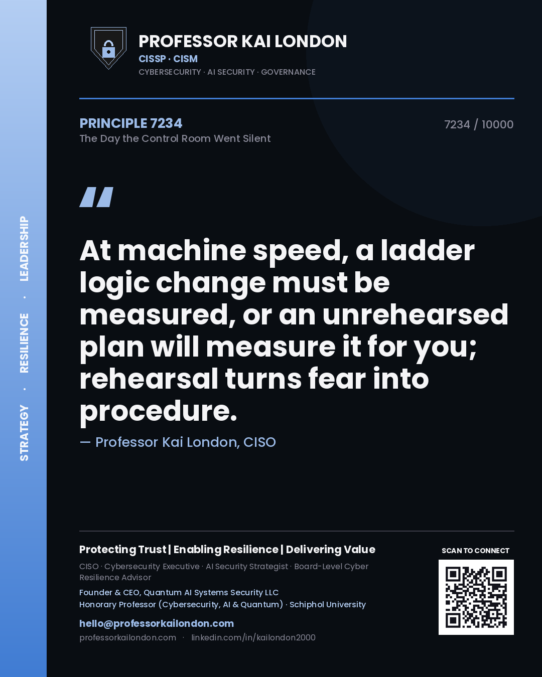 Professor Kai London principle 7234: At machine speed, a ladder logic change must be measured, or an unrehearsed plan will measure it for you; rehearsal turns fear into procedure.