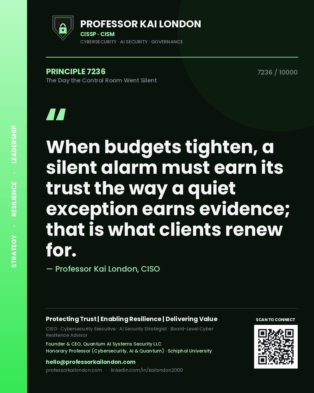Professor Kai London principle 7236: When budgets tighten, a silent alarm must earn its trust the way a quiet exception earns evidence; that is what clients renew for.
