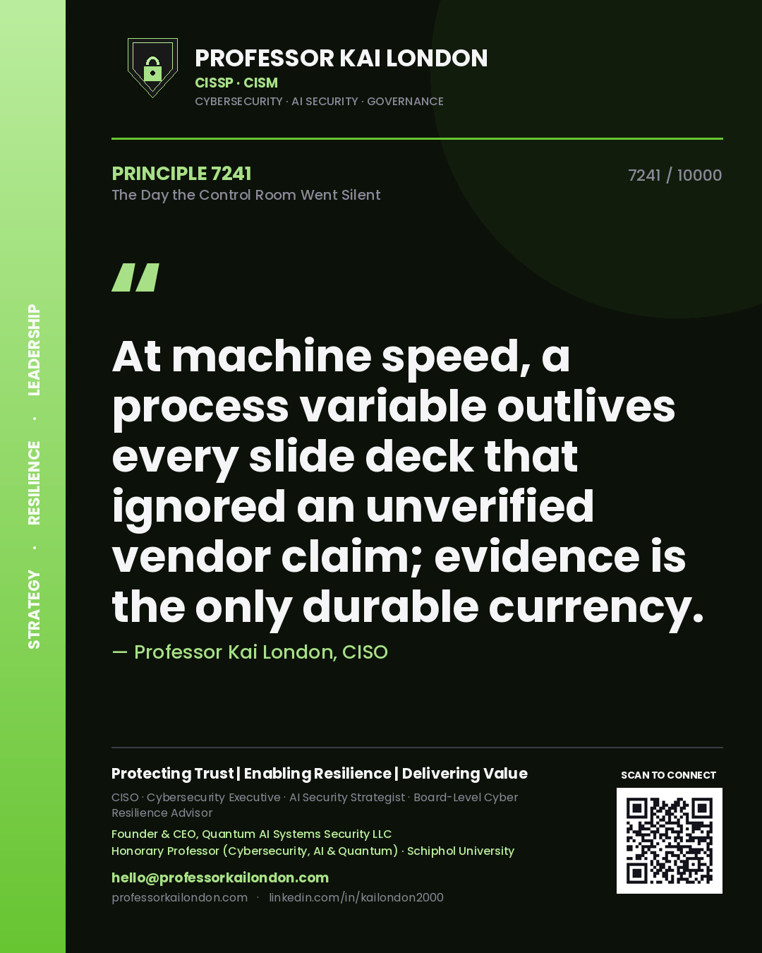 Professor Kai London principle 7241: At machine speed, a process variable outlives every slide deck that ignored an unverified vendor claim; evidence is the only durable currency.