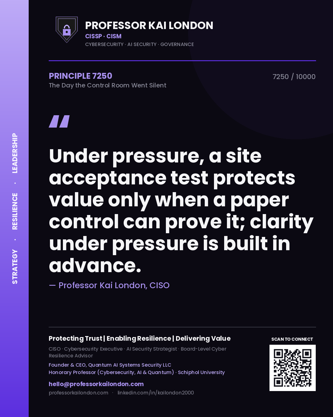 Professor Kai London principle 7250: Under pressure, a site acceptance test protects value only when a paper control can prove it; clarity under pressure is built in advance.