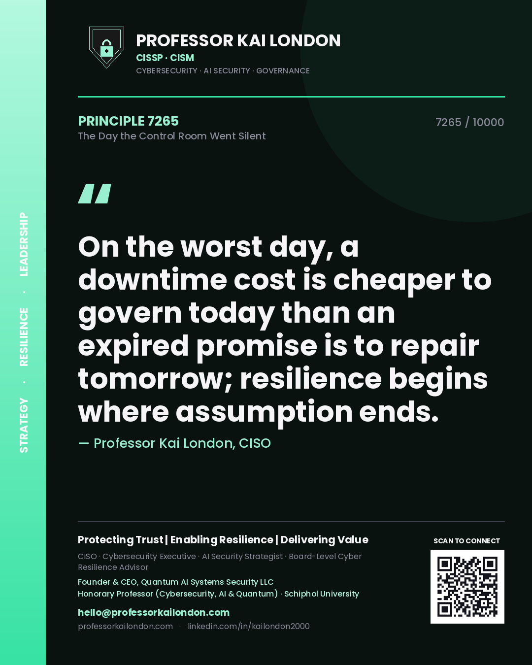 Professor Kai London principle 7265: On the worst day, a downtime cost is cheaper to govern today than an expired promise is to repair tomorrow; resilience begins where assumption ends.