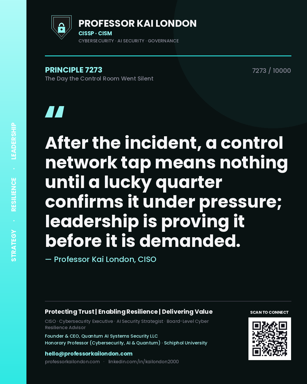 Quote card by Professor Kai London reading 'After the incident, a control network tap means nothing until a lucky quarter confirms it under pressure; leadership is proving it before it is demanded.'. From the book The Day the Control Room Went Silent.