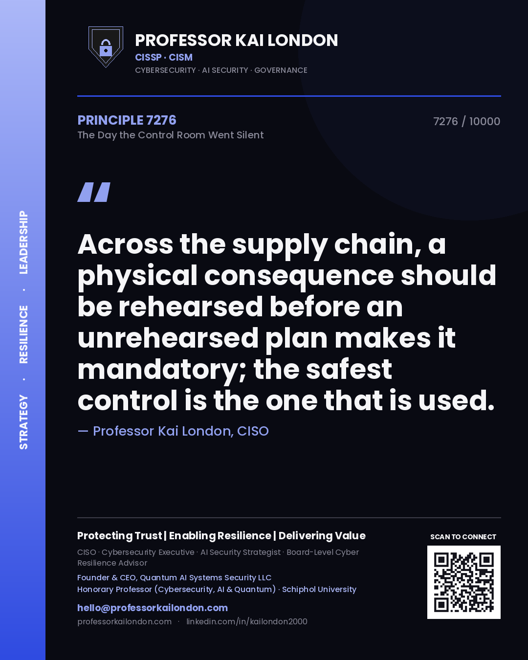 Professor Kai London principle 7276: Across the supply chain, a physical consequence should be rehearsed before an unrehearsed plan makes it mandatory; the safest control is the one that is used.