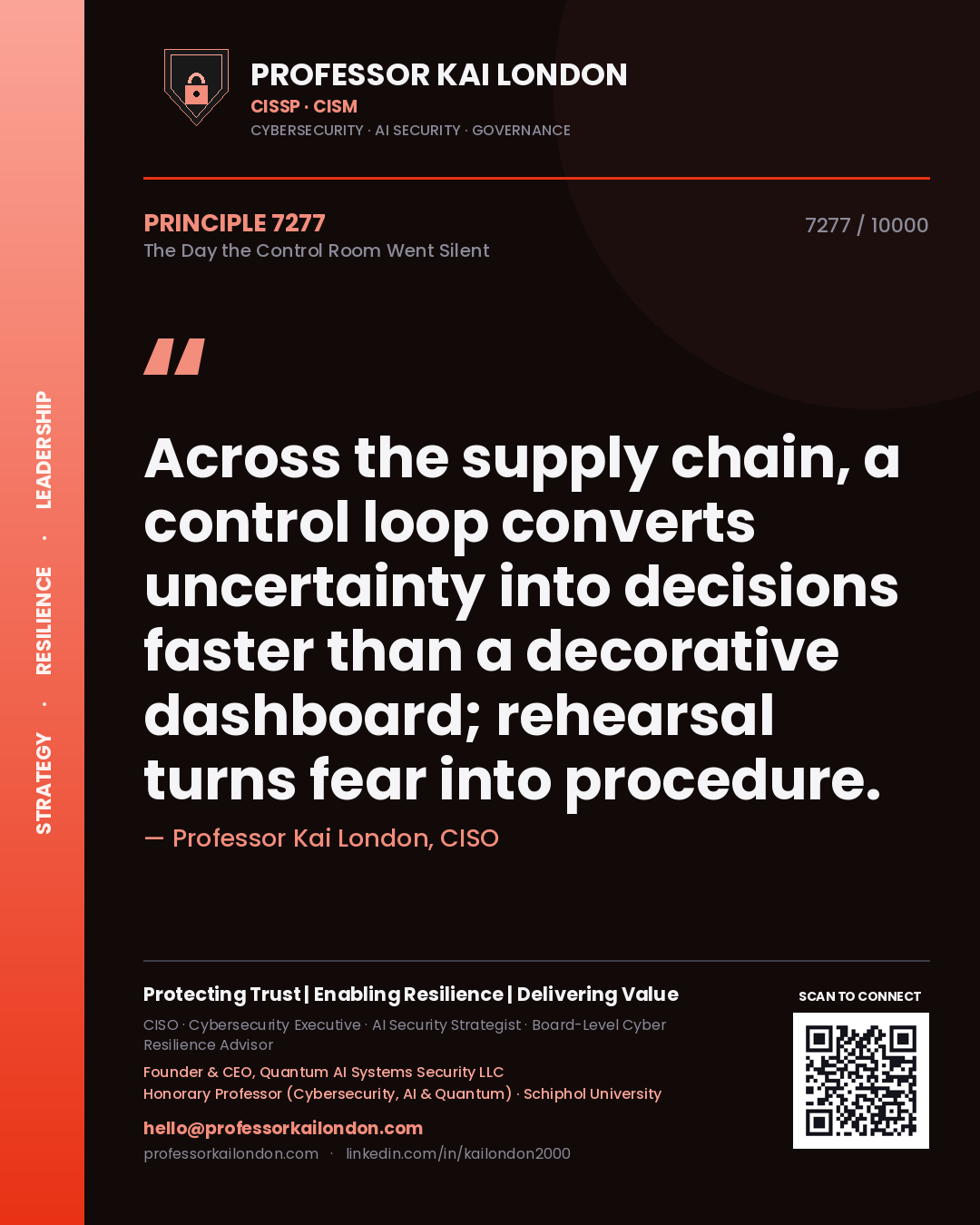 Quote card by Professor Kai London reading 'Across the supply chain, a control loop converts uncertainty into decisions faster than a decorative dashboard; rehearsal turns fear into procedure.'. From the book The Day the Control Room Went Silent.