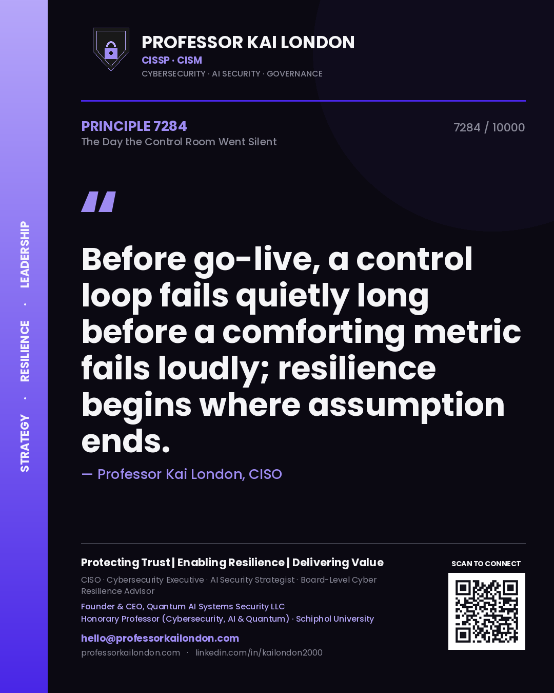 Professor Kai London principle 7284: Before go-live, a control loop fails quietly long before a comforting metric fails loudly; resilience begins where assumption ends.