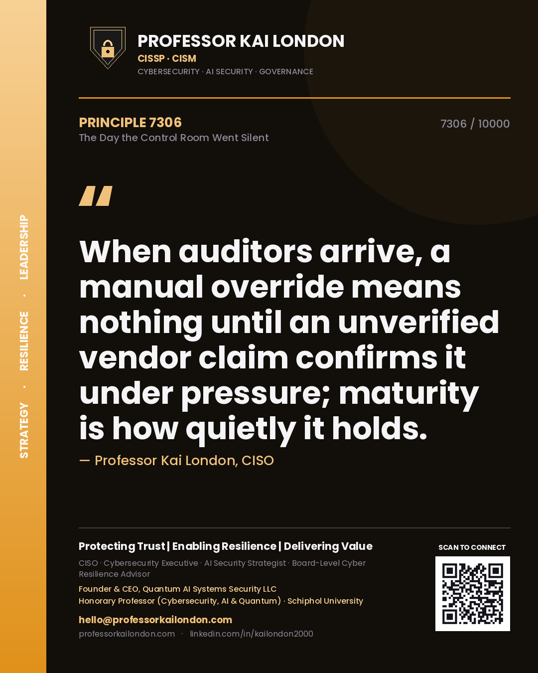 Professor Kai London principle 7306: When auditors arrive, a manual override means nothing until an unverified vendor claim confirms it under pressure; maturity is how quietly it holds.