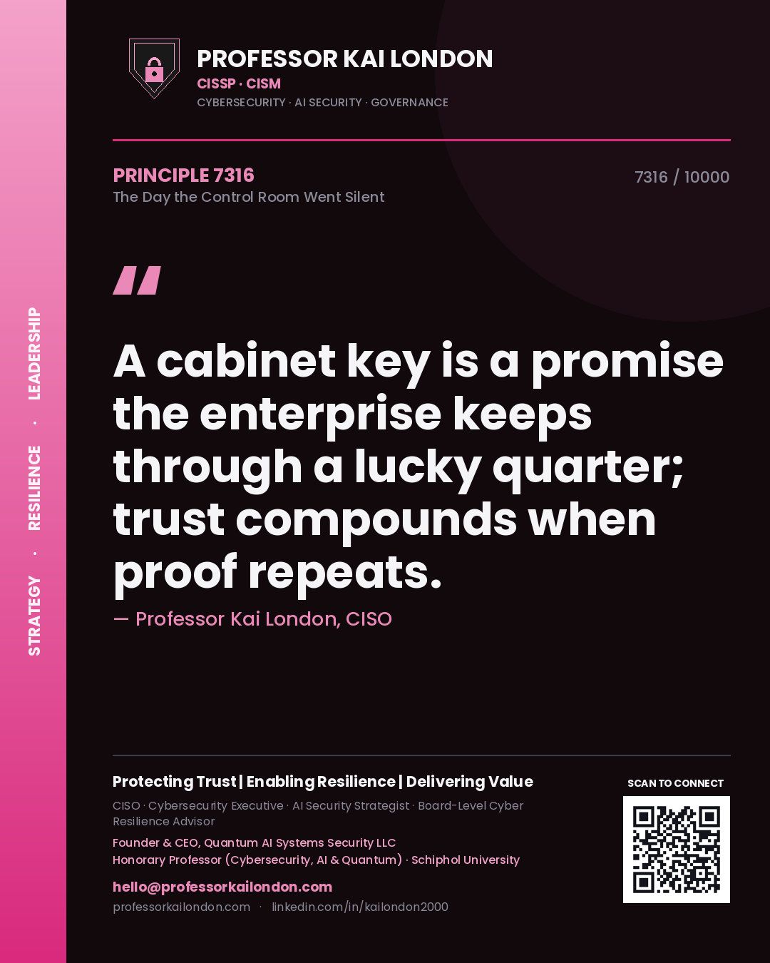 Professor Kai London principle 7316: A cabinet key is a promise the enterprise keeps through a lucky quarter; trust compounds when proof repeats.