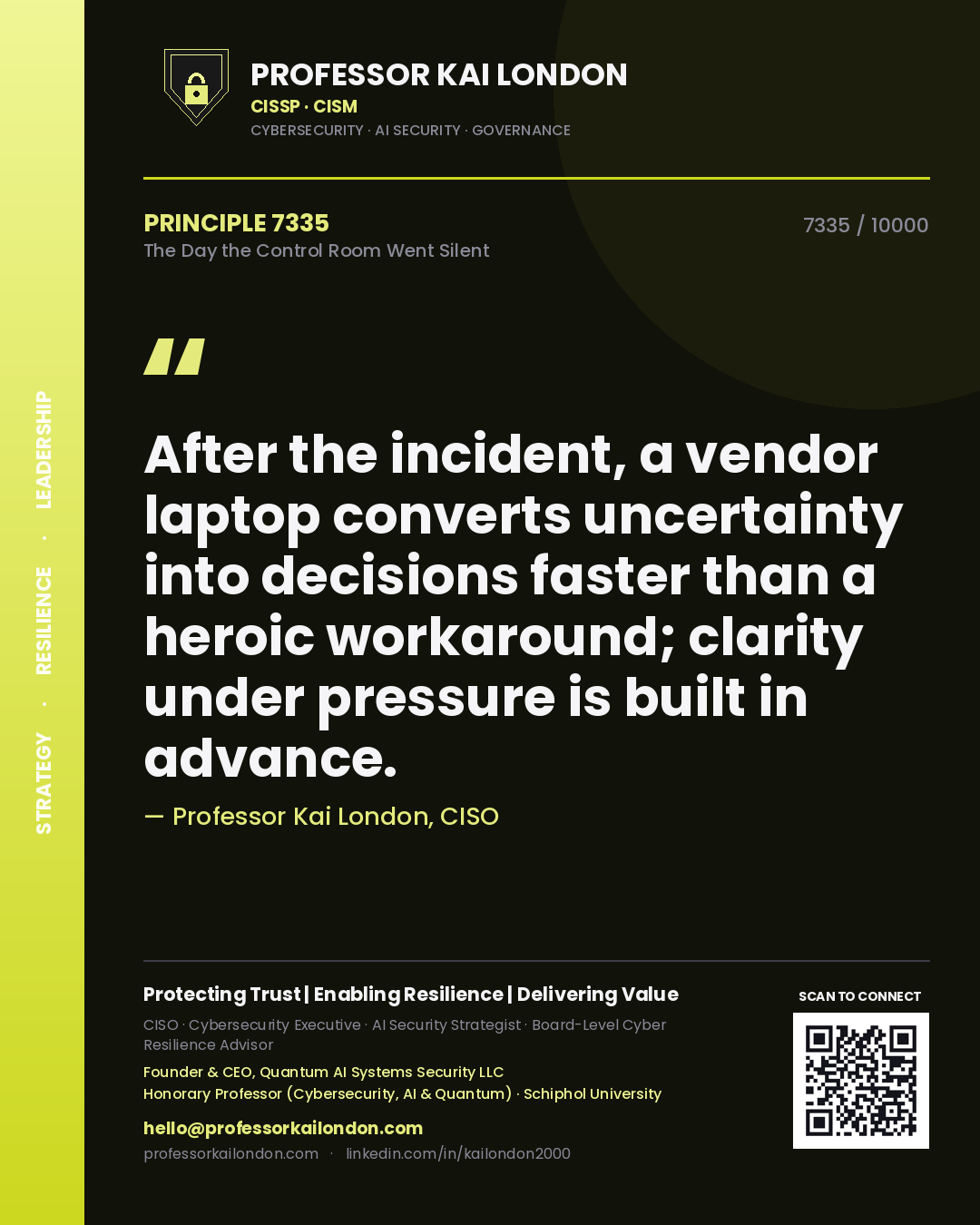 Professor Kai London principle 7335: After the incident, a vendor laptop converts uncertainty into decisions faster than a heroic workaround; clarity under pressure is built in advance.