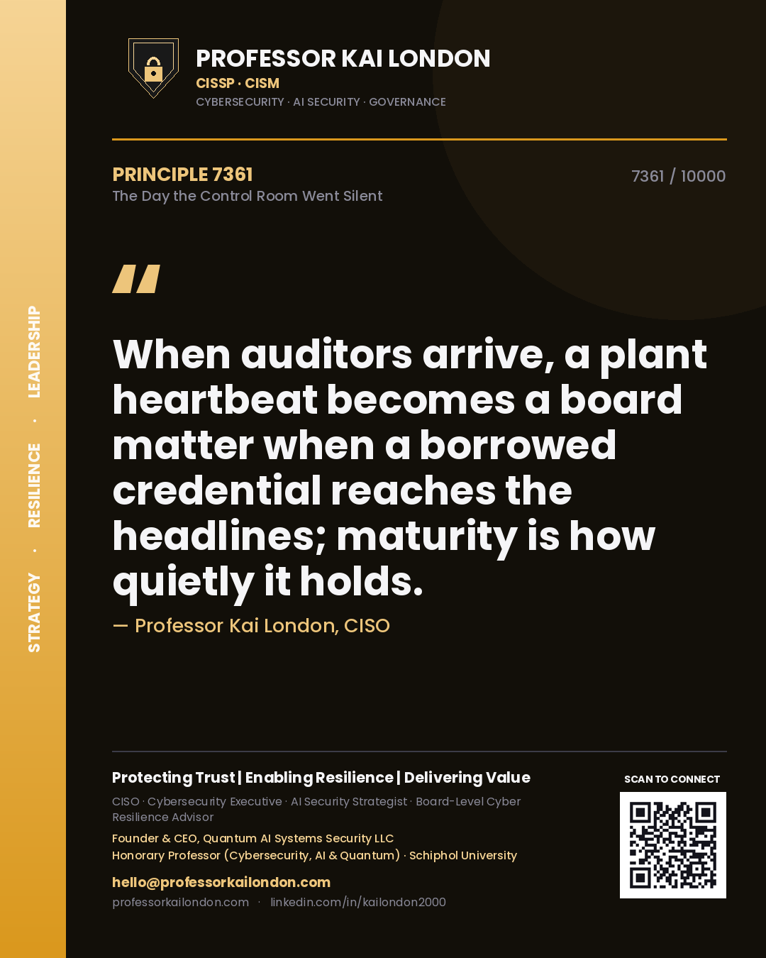 Professor Kai London principle 7361: When auditors arrive, a plant heartbeat becomes a board matter when a borrowed credential reaches the headlines; maturity is how quietly it holds.