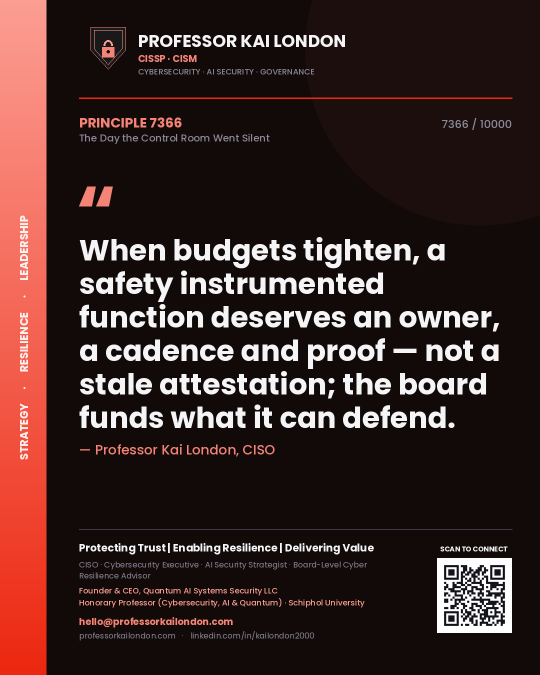 Professor Kai London principle 7366: When budgets tighten, a safety instrumented function deserves an owner, a cadence and proof — not a stale attestation; the board funds what it can defend.