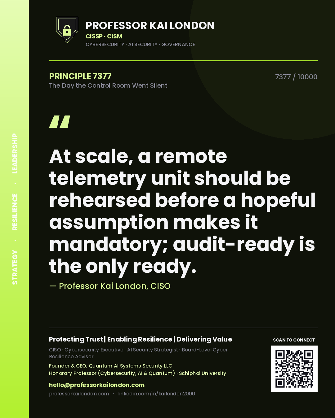 Quote card by Professor Kai London reading 'At scale, a remote telemetry unit should be rehearsed before a hopeful assumption makes it mandatory; audit-ready is the only ready.'. From the book The Day the Control Room Went Silent.