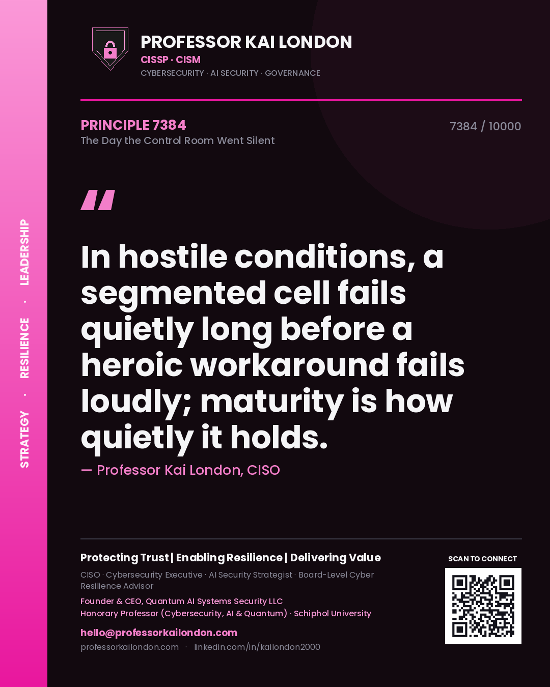 Quote card by Professor Kai London reading 'In hostile conditions, a segmented cell fails quietly long before a heroic workaround fails loudly; maturity is how quietly it holds.'. From the book The Day the Control Room Went Silent.