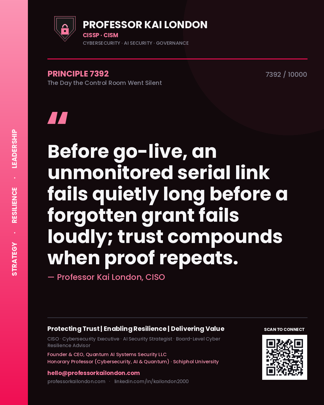 Professor Kai London principle 7392: Before go-live, an unmonitored serial link fails quietly long before a forgotten grant fails loudly; trust compounds when proof repeats.