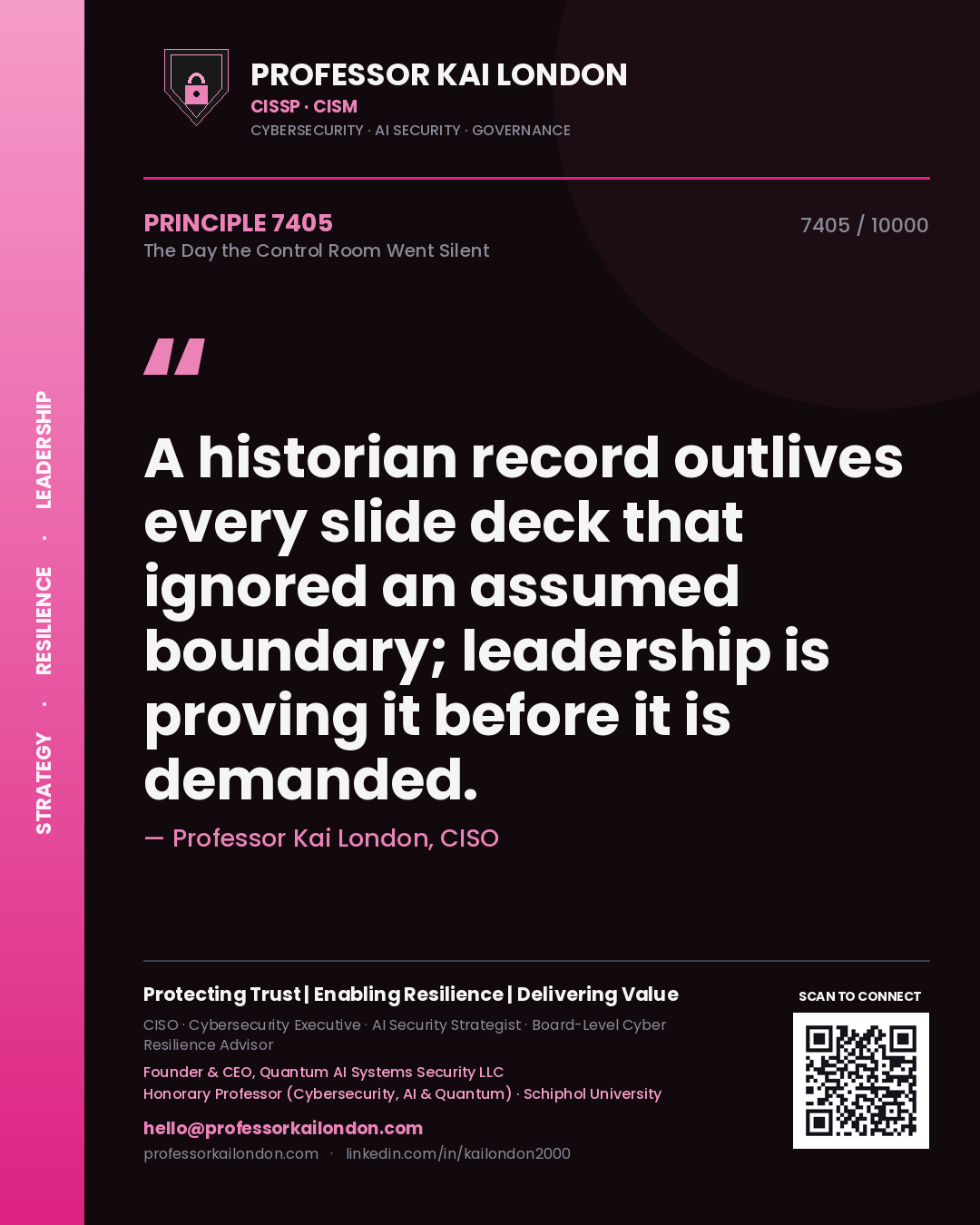 Quote card by Professor Kai London reading 'A historian record outlives every slide deck that ignored an assumed boundary; leadership is proving it before it is demanded.'. From the book The Day the Control Room Went Silent.