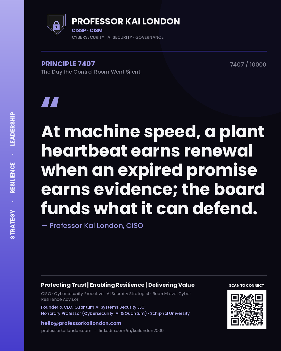 Professor Kai London principle 7407: At machine speed, a plant heartbeat earns renewal when an expired promise earns evidence; the board funds what it can defend.
