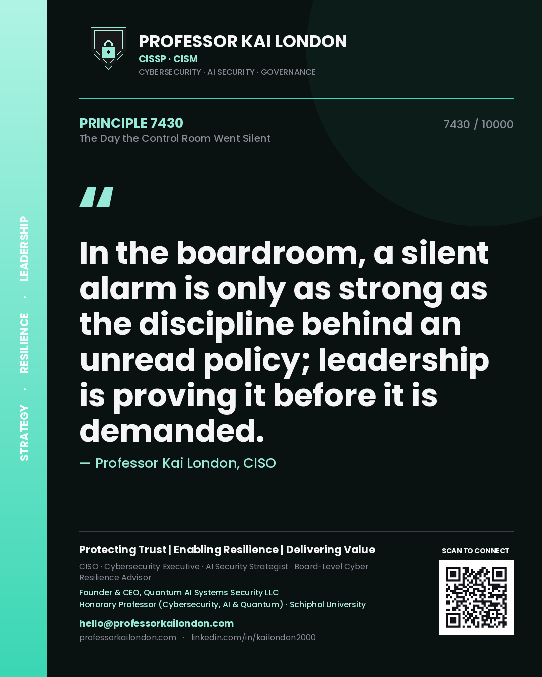 Professor Kai London principle 7430: In the boardroom, a silent alarm is only as strong as the discipline behind an unread policy; leadership is proving it before it is demanded.
