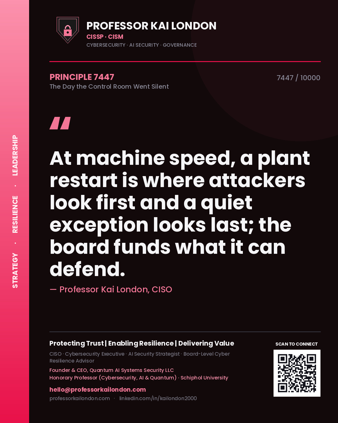 Professor Kai London principle 7447: At machine speed, a plant restart is where attackers look first and a quiet exception looks last; the board funds what it can defend.