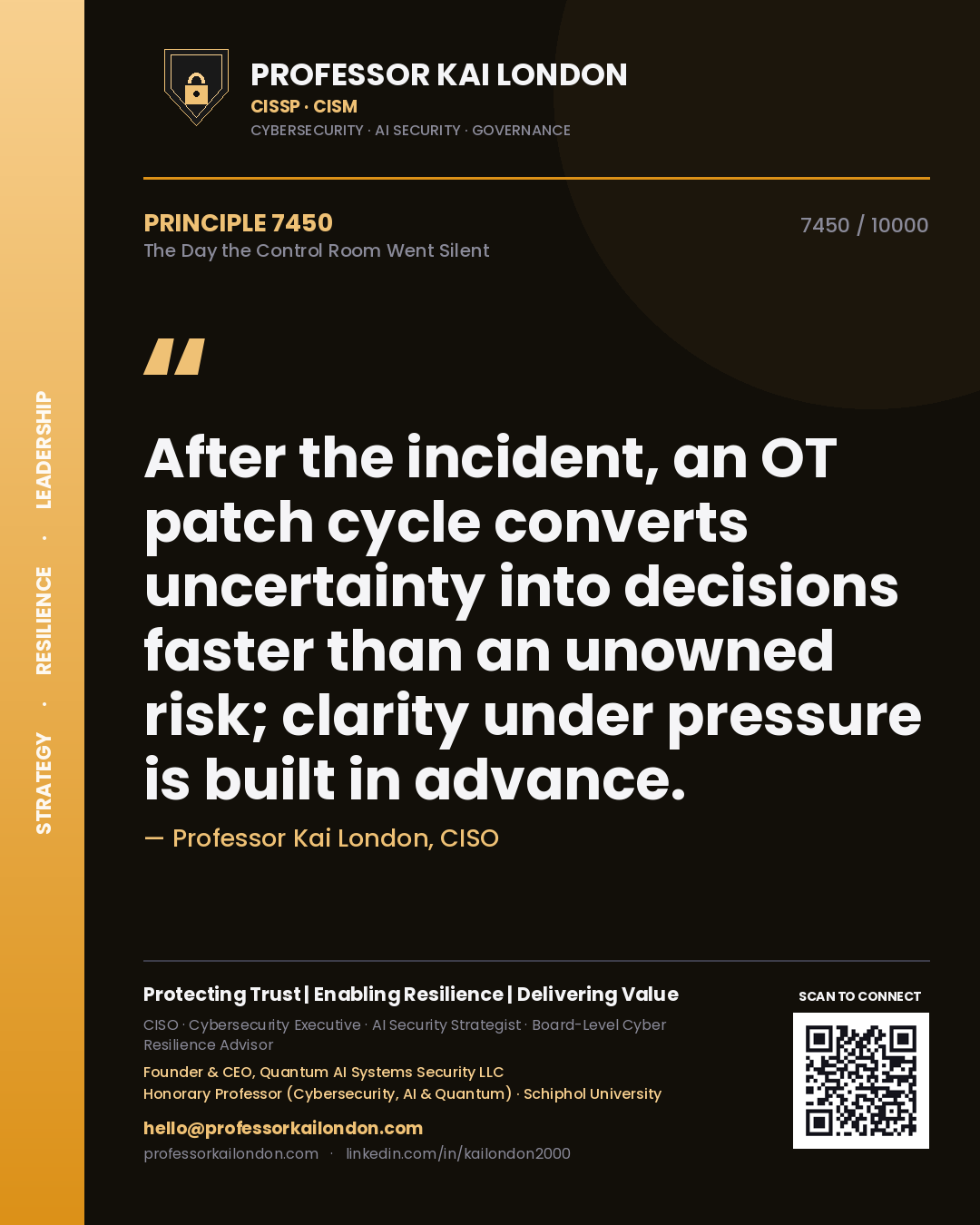 Professor Kai London principle 7450: After the incident, an OT patch cycle converts uncertainty into decisions faster than an unowned risk; clarity under pressure is built in advance.