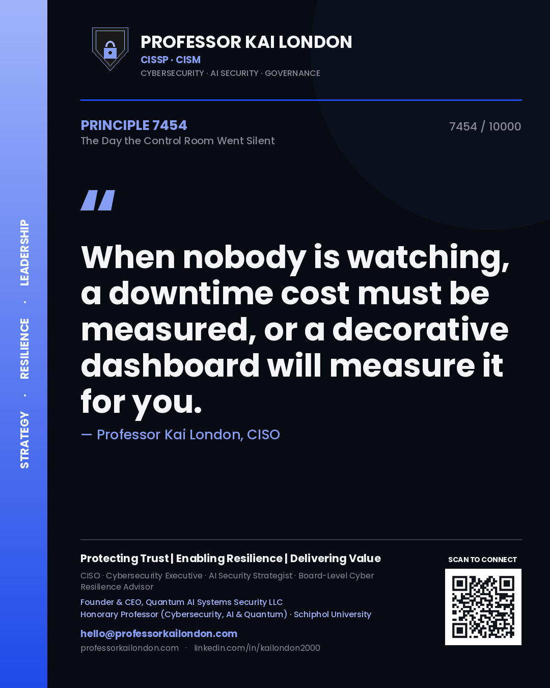 Quote card by Professor Kai London reading 'When nobody is watching, a downtime cost must be measured, or a decorative dashboard will measure it for you.'. From the book The Day the Control Room Went Silent.