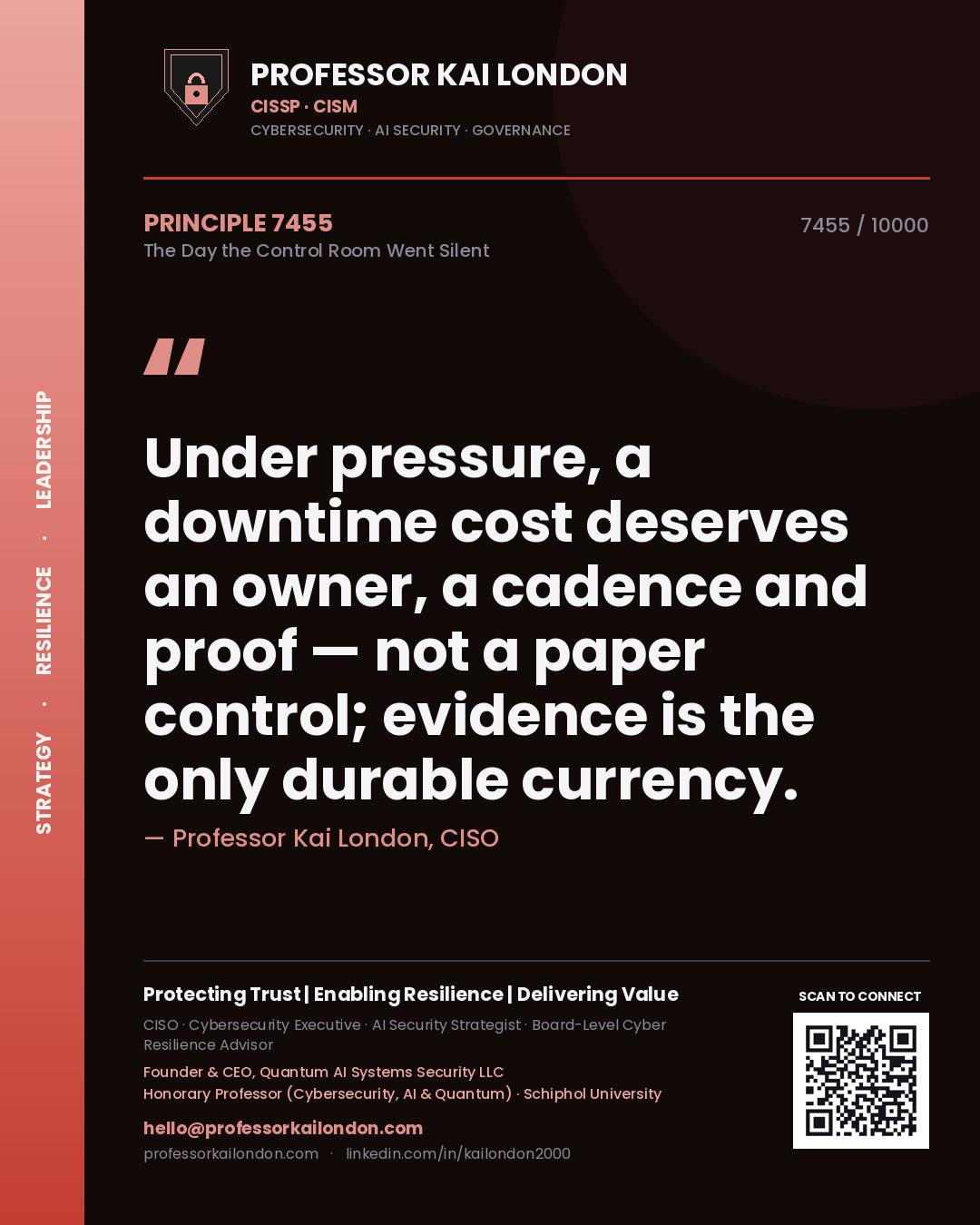 Professor Kai London principle 7455: Under pressure, a downtime cost deserves an owner, a cadence and proof — not a paper control; evidence is the only durable currency.