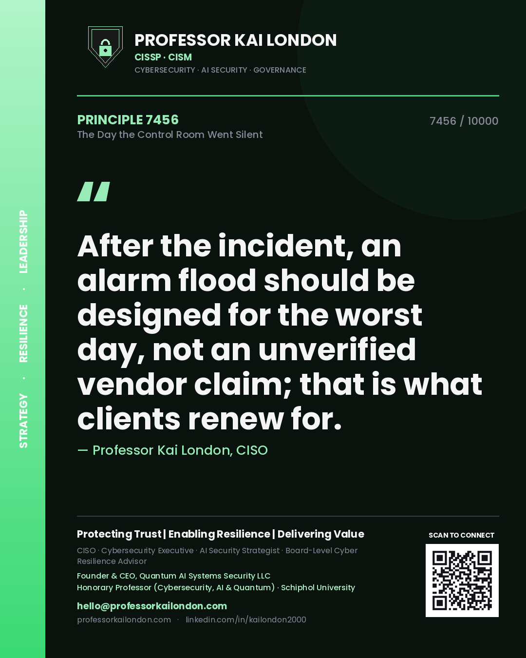 Professor Kai London principle 7456: After the incident, an alarm flood should be designed for the worst day, not an unverified vendor claim; that is what clients renew for.