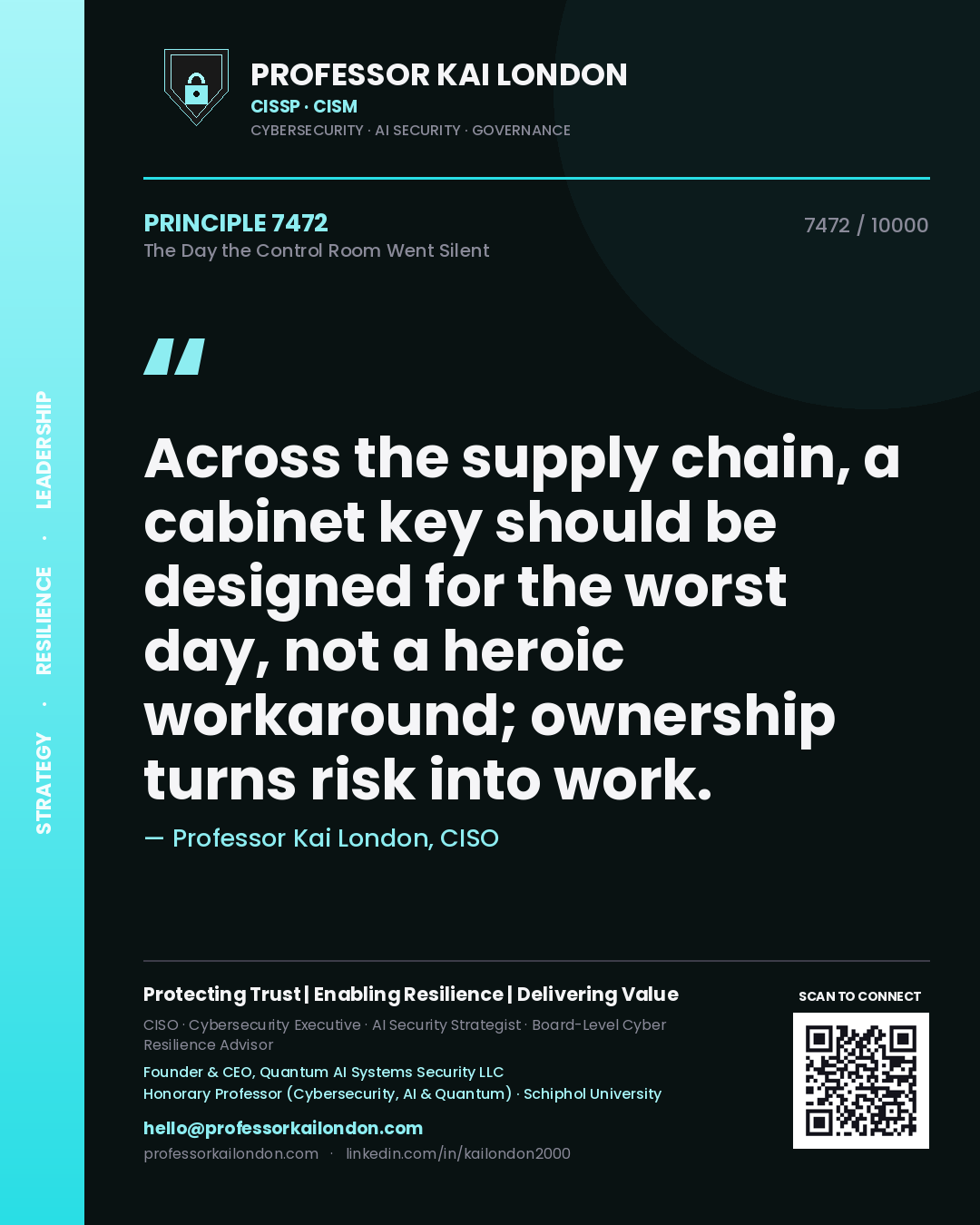 Quote card by Professor Kai London reading 'Across the supply chain, a cabinet key should be designed for the worst day, not a heroic workaround; ownership turns risk into work.'. From the book The Day the Control Room Went Silent.