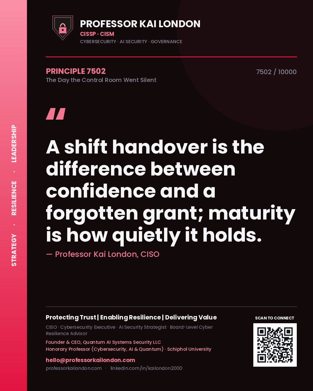 Quote card by Professor Kai London reading 'A shift handover is the difference between confidence and a forgotten grant; maturity is how quietly it holds.'. From the book The Day the Control Room Went Silent.