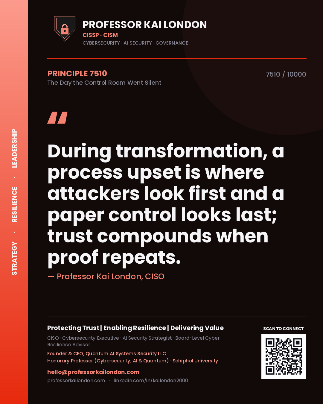 Professor Kai London principle 7510: During transformation, a process upset is where attackers look first and a paper control looks last; trust compounds when proof repeats.