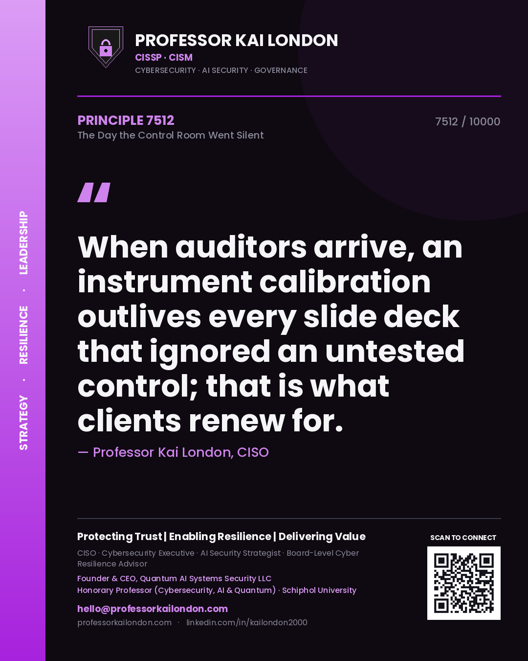 Professor Kai London principle 7512: When auditors arrive, an instrument calibration outlives every slide deck that ignored an untested control; that is what clients renew for.