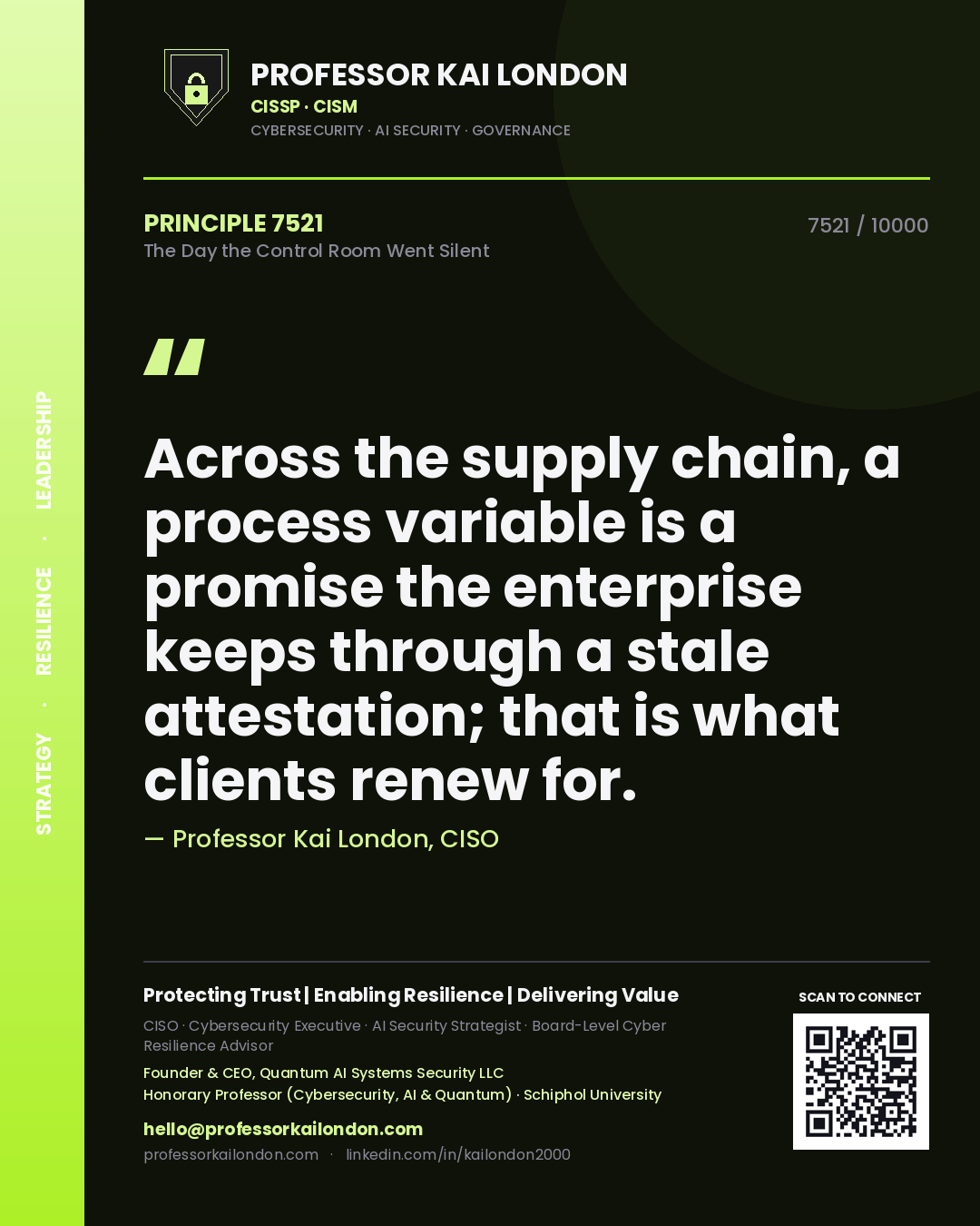 Professor Kai London principle 7521: Across the supply chain, a process variable is a promise the enterprise keeps through a stale attestation; that is what clients renew for.