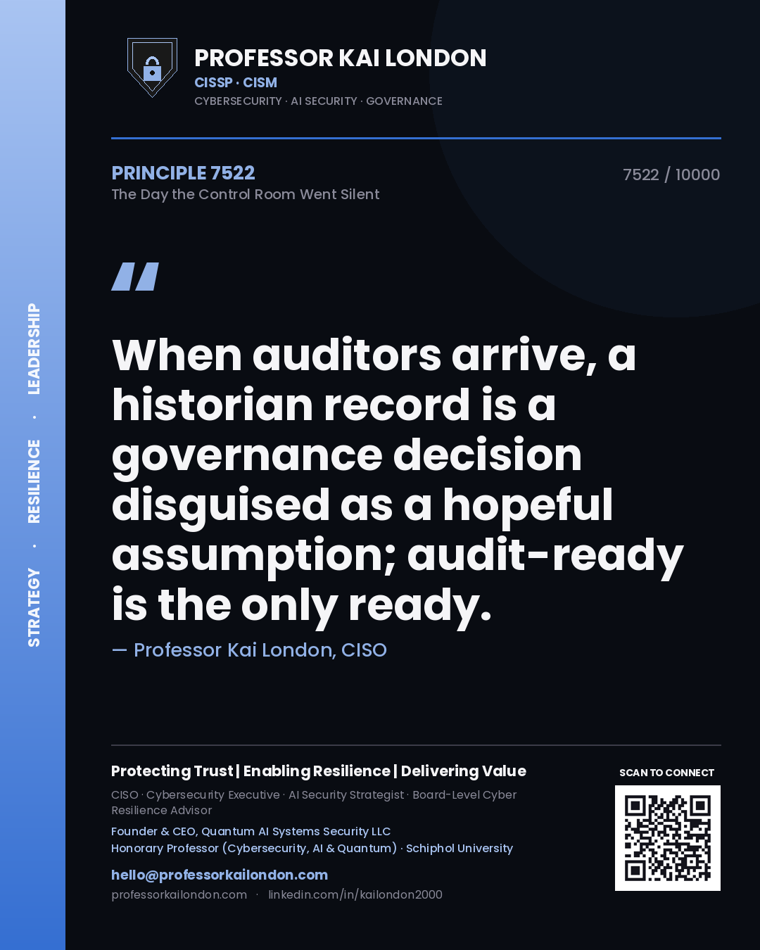 Professor Kai London principle 7522: When auditors arrive, a historian record is a governance decision disguised as a hopeful assumption; audit-ready is the only ready.