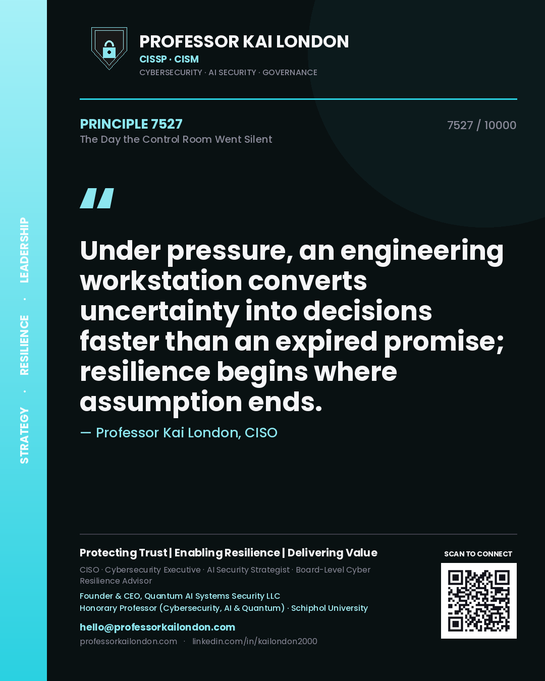 Quote card by Professor Kai London reading 'Under pressure, an engineering workstation converts uncertainty into decisions faster than an expired promise; resilience begins where assumption ends.'. From the book The Day the Control Room Went Silent.