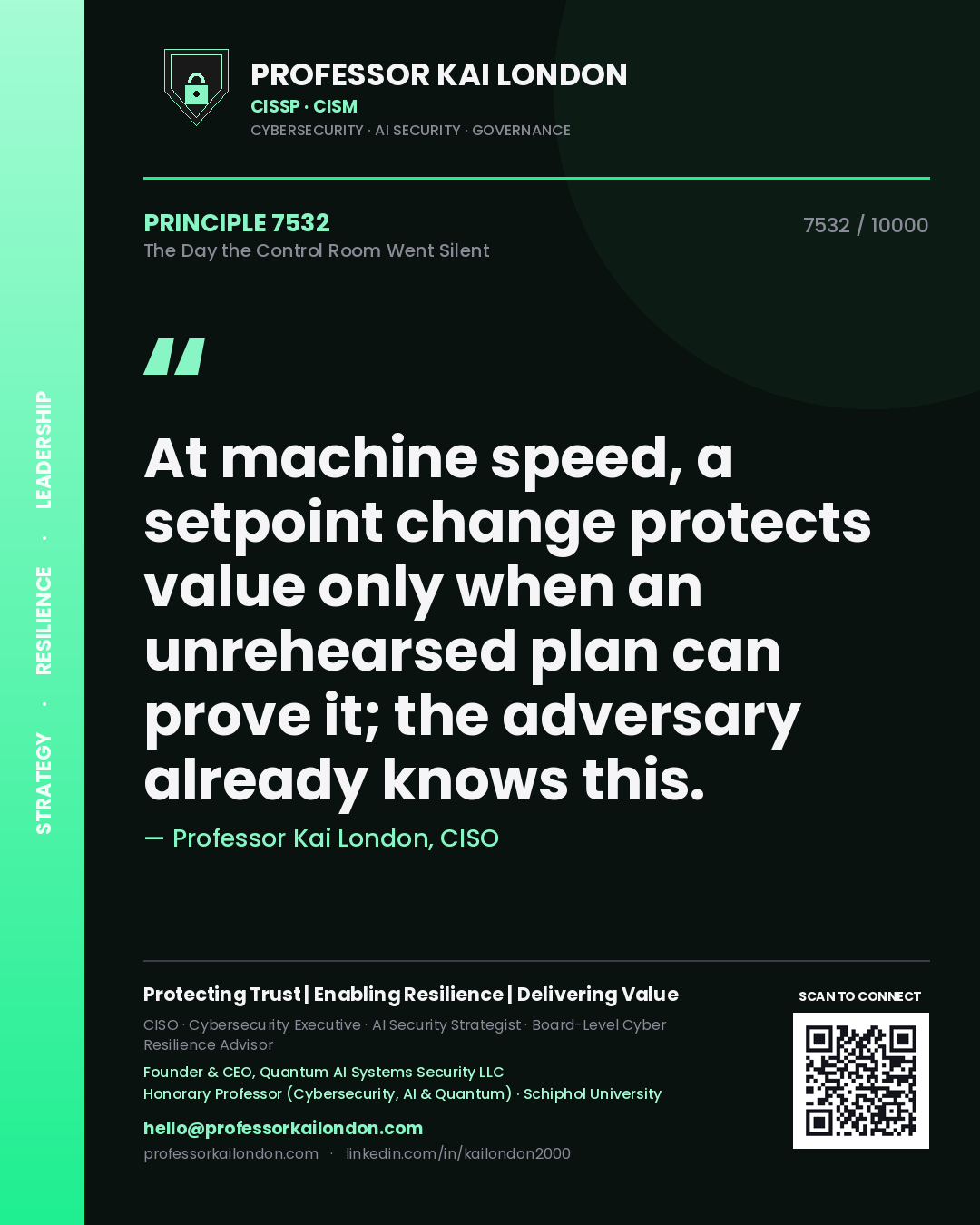 Quote card by Professor Kai London reading 'At machine speed, a setpoint change protects value only when an unrehearsed plan can prove it; the adversary already knows this.'. From the book The Day the Control Room Went Silent.