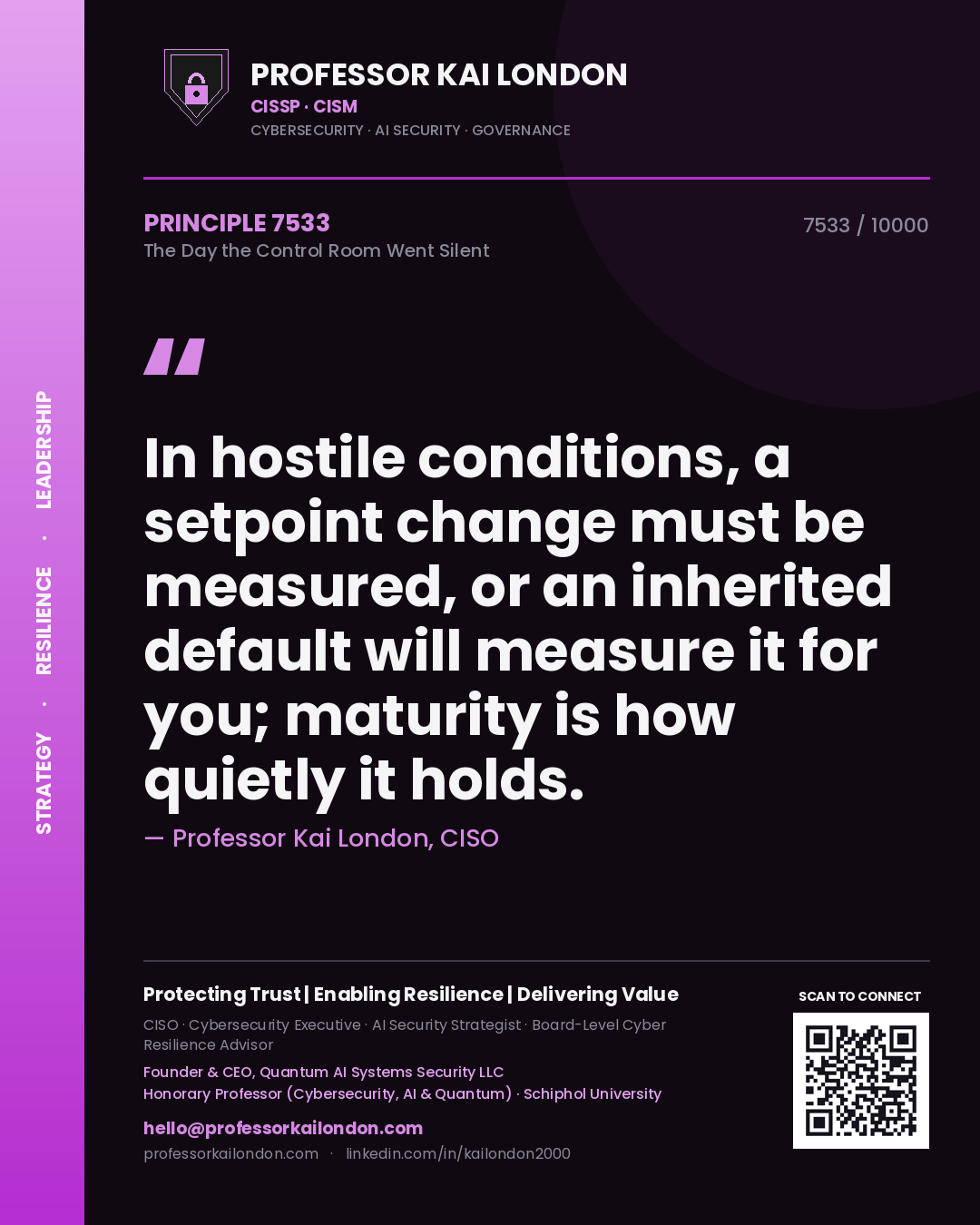 Professor Kai London principle 7533: In hostile conditions, a setpoint change must be measured, or an inherited default will measure it for you; maturity is how quietly it holds.