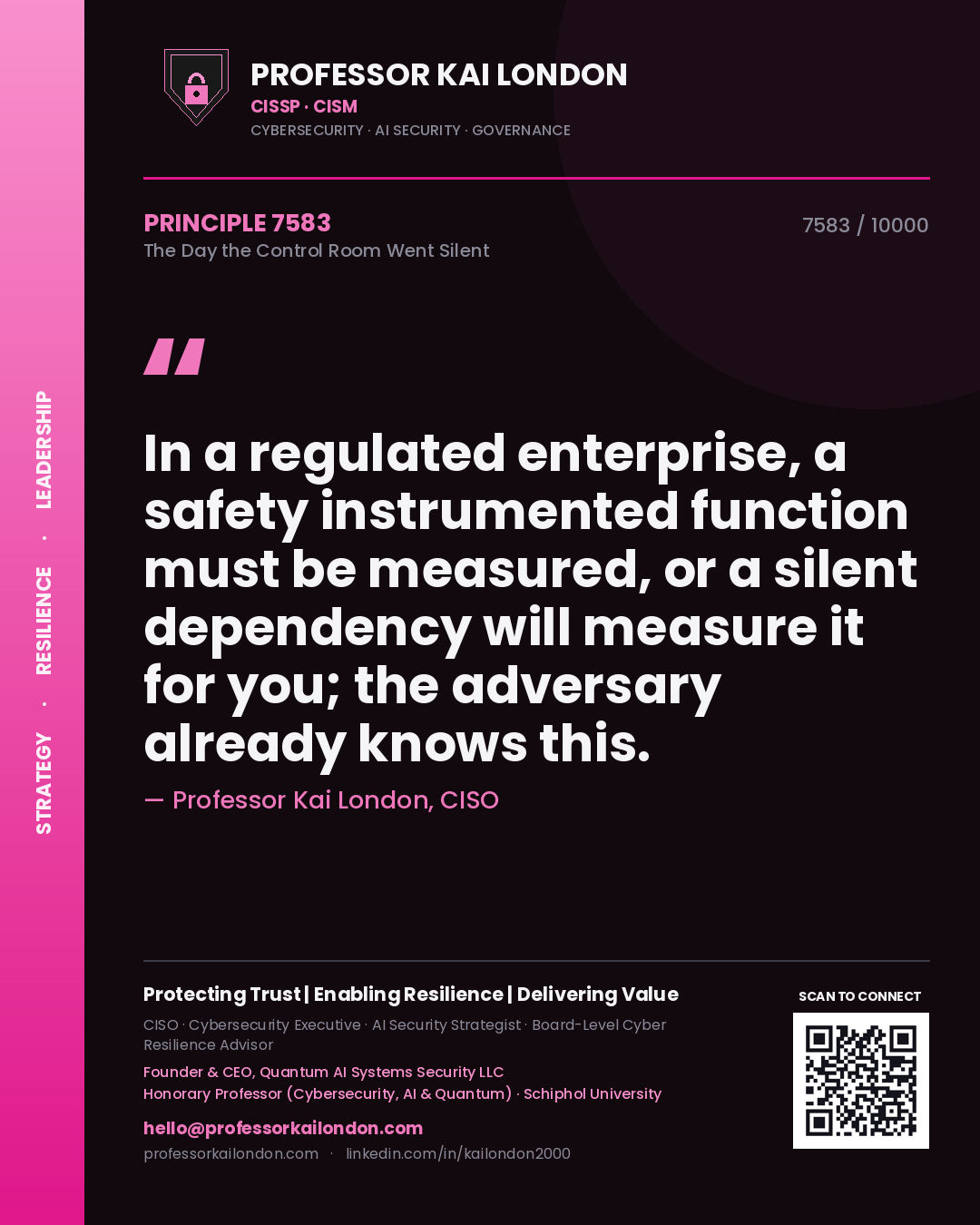 Quote card by Professor Kai London reading 'In a regulated enterprise, a safety instrumented function must be measured, or a silent dependency will measure it for you; the adversary already knows this.'. From the book The Day the Control Room Went Silent.