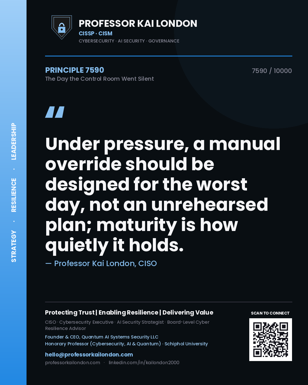 Professor Kai London principle 7590: Under pressure, a manual override should be designed for the worst day, not an unrehearsed plan; maturity is how quietly it holds.