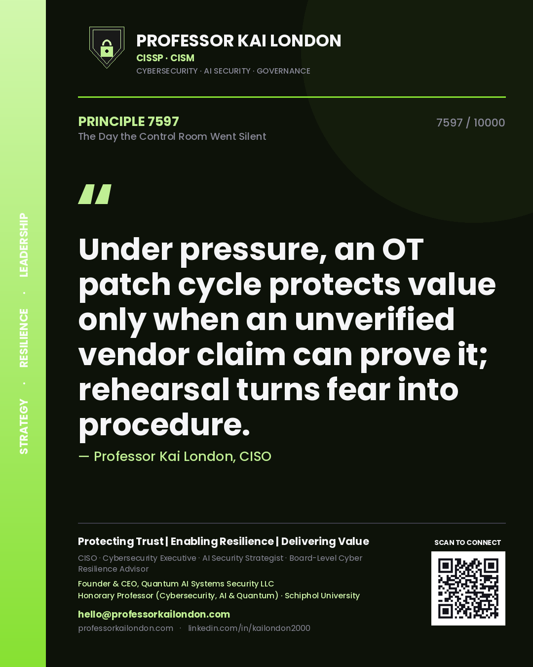 Professor Kai London principle 7597: Under pressure, an OT patch cycle protects value only when an unverified vendor claim can prove it; rehearsal turns fear into procedure.
